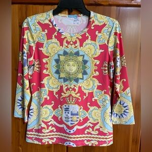 J MCLAUGHLIN Coral Print with Sun Size Small 3/4 Sleeve Shirt Catalina Cloth